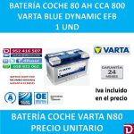 BATERIA COCHE VARTA 80 AH N80