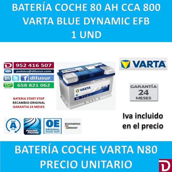 BATERIA COCHE VARTA 80 AH N80
