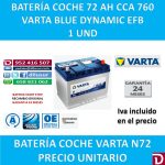 BATERIA COCHE VARTA 72 AH N72
