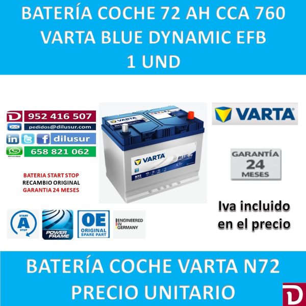 BATERIA COCHE VARTA 72 AH N72