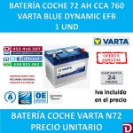 BATERIA COCHE VARTA 72 AH N72