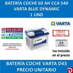 BATERIA COCHE VARTA 60 AH D43
