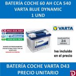 BATERIA COCHE VARTA 60 AH D24