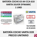 BATERIA COCHE VARTA 63 AH D39